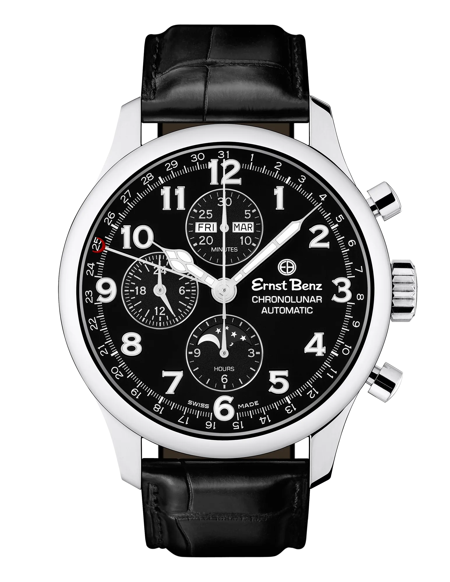 Ernst Benz Chronolunar Officer 44mm Steel Hands Black Dial Men's Watch GC40381
