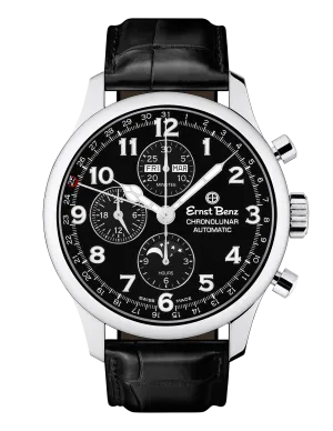 Ernst Benz Chronolunar Officer 44mm Steel Hands Black Dial Men's Watch GC40381