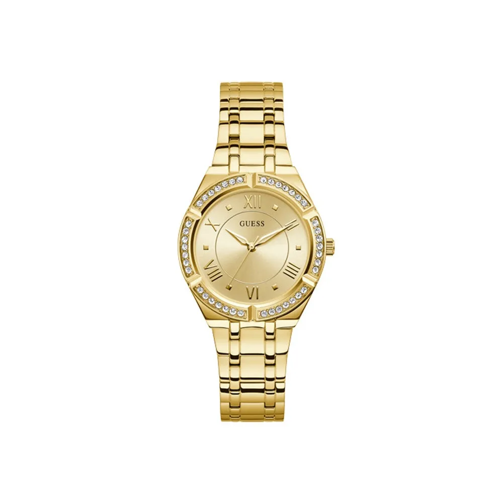 Guess Ladies Watch Full Yellow Gold Plated Case & Bracelet With Sun Champlated Dial