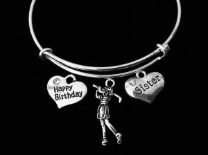 Happy Birthday Sister Golfer Adjustable Bracelet Silver Expandable Bangle Trendy Gift