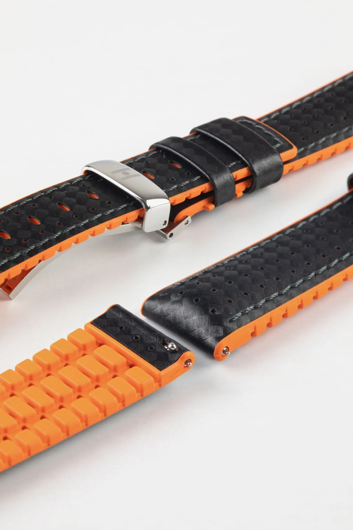 Hirsch AYRTON Carbon Embossed Performance Watch Strap in BLACK / ORANGE