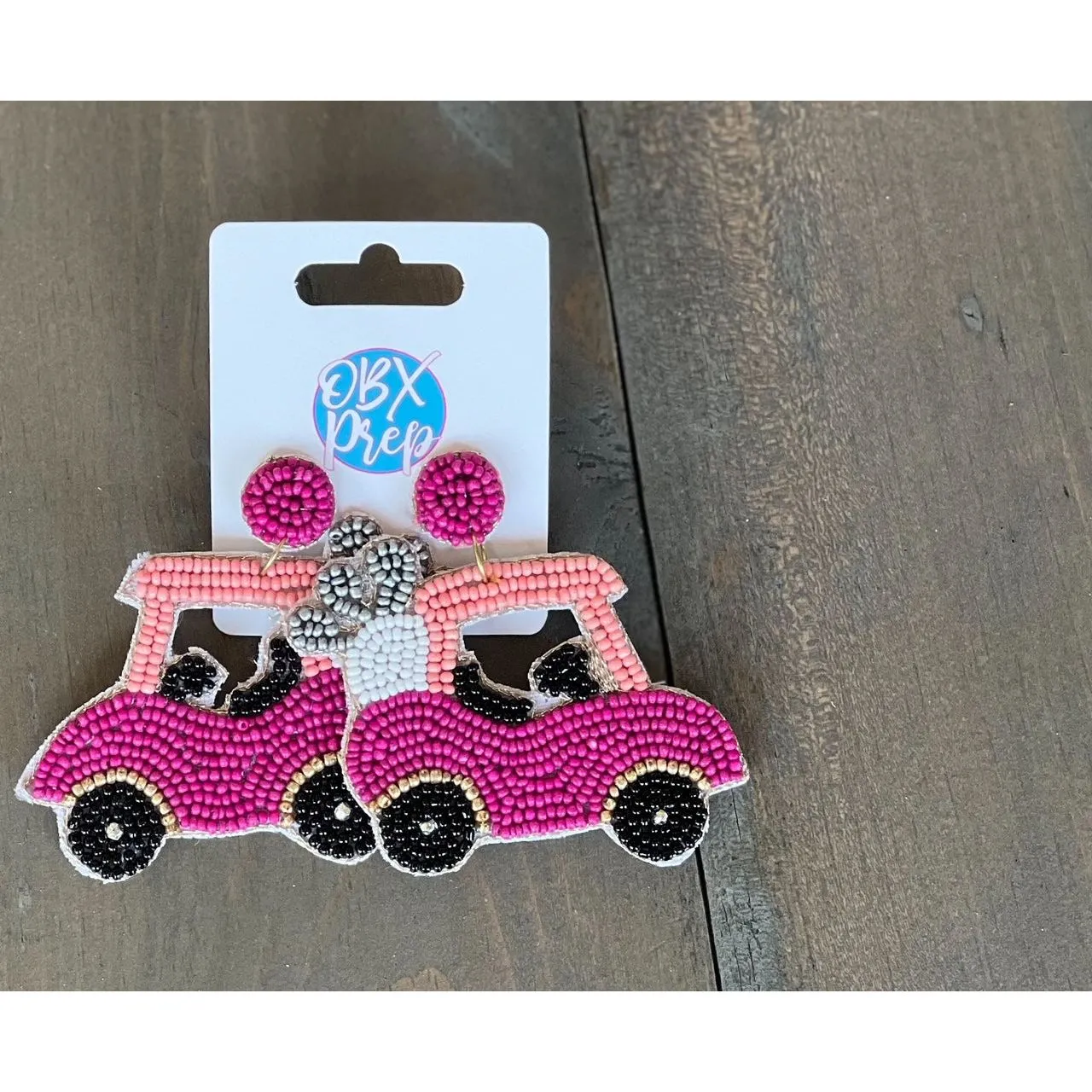 Hot Pink Golf Cart Seed Bead Drop Earrings