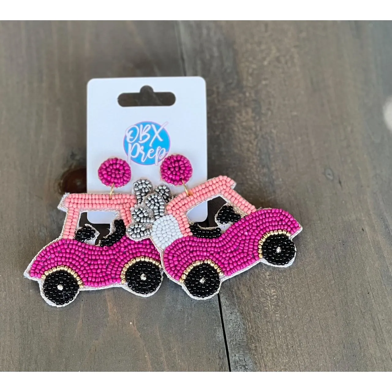 Hot Pink Golf Cart Seed Bead Drop Earrings