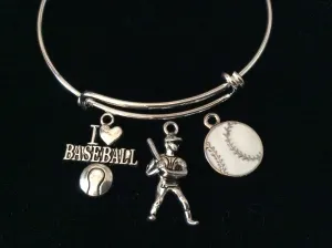 I Love Baseball Silver Expandable Charm Bracelet Adjustable Bangle Batter Sports Team Gift