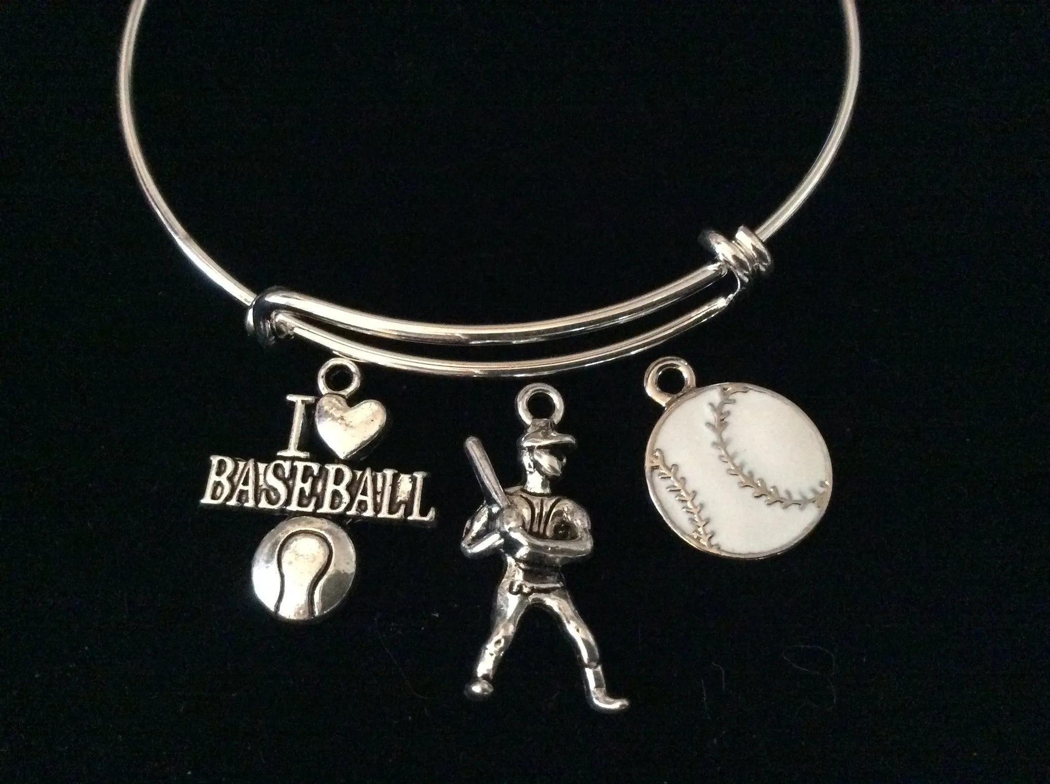 I Love Baseball Silver Expandable Charm Bracelet Adjustable Bangle Batter Sports Team Gift