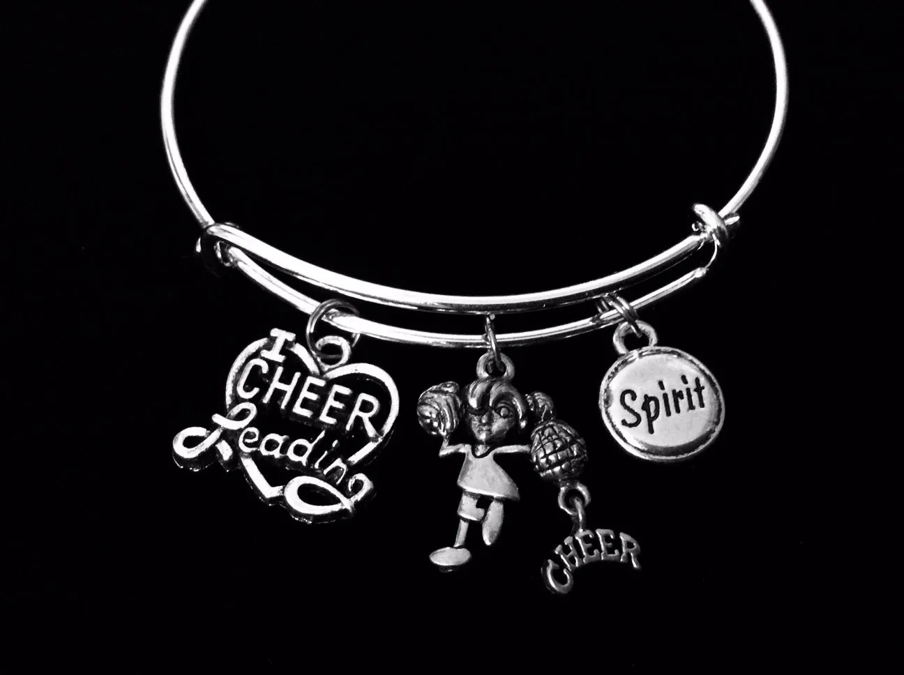 I Love Cheerleading Jewelry Adjustable Charm Bracelet Expandable Silver Bangle Cheerleader Cheer Gift Spirit