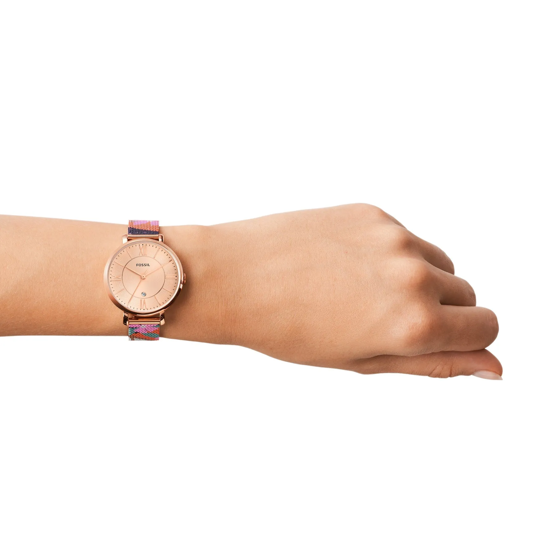 Jacqueline Three-Hand Date Rose Gold-Tone Stainless Steel Mesh Watch