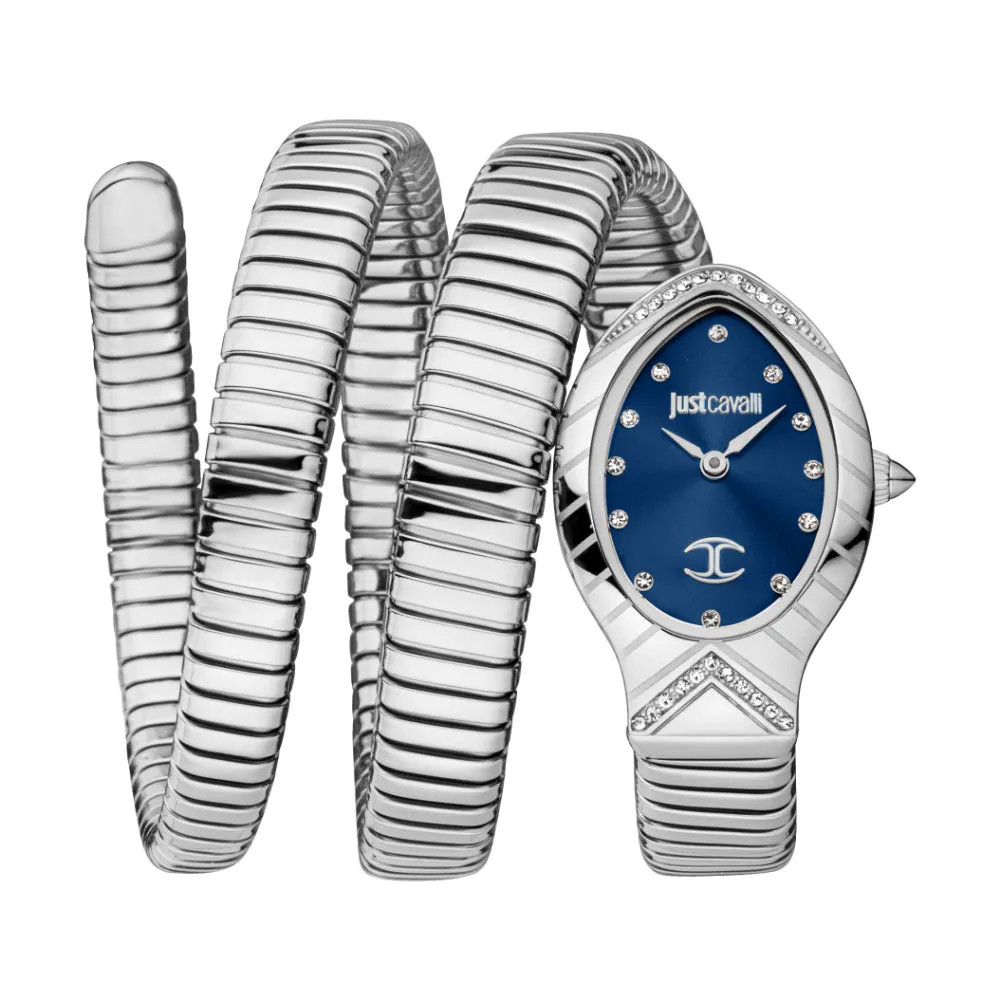 Just Cavalli Snake Shape Women's Watch - Silver Color Case, Dark Blue Dial, Stainless Steel Bracelet