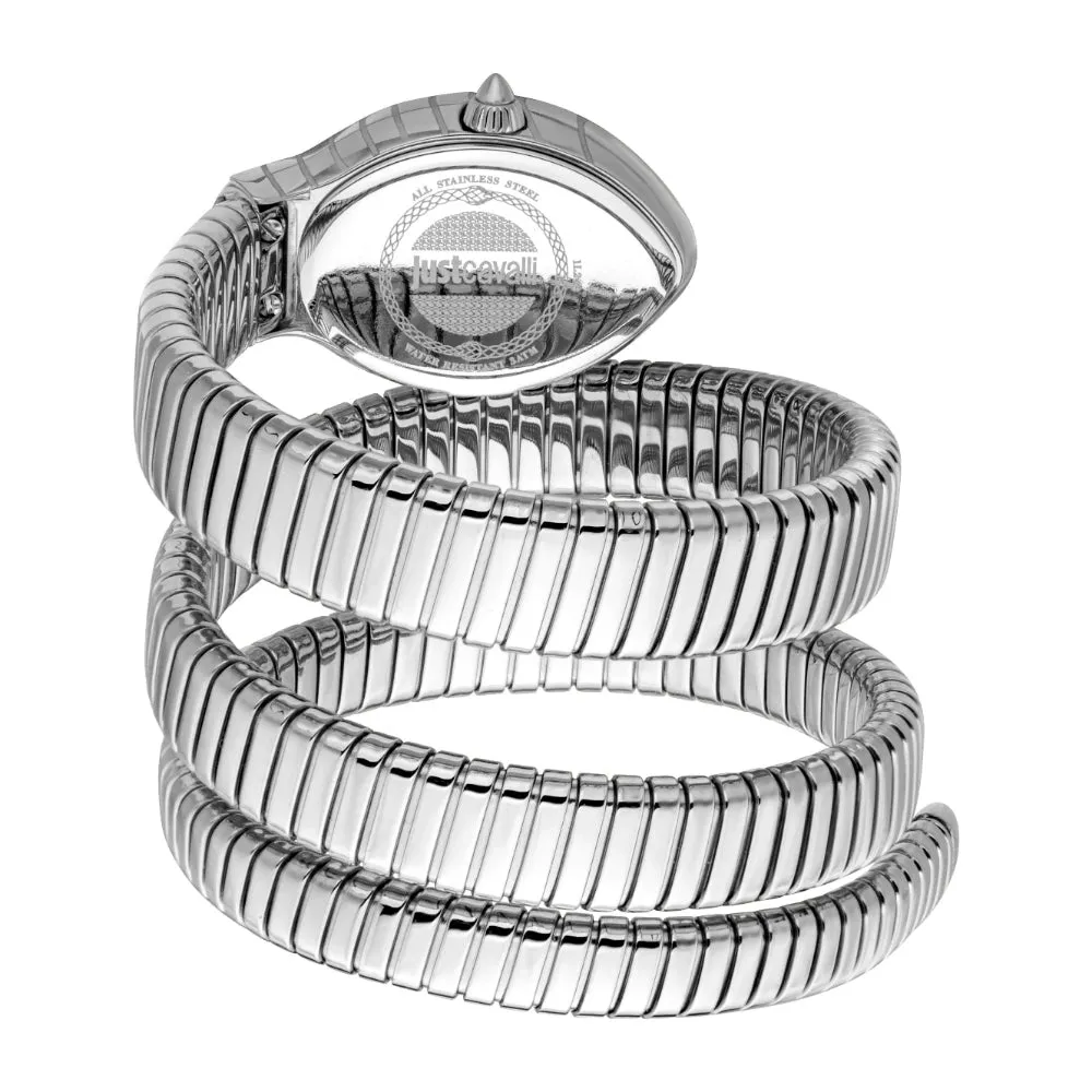 Just Cavalli Snake Shape Women's Watch - Silver Color Case, Dark Blue Dial, Stainless Steel Bracelet