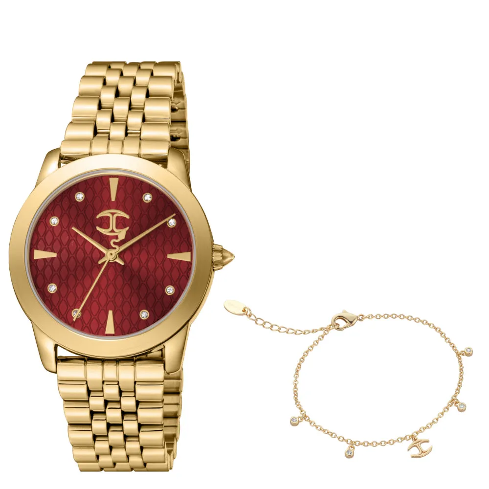 Just Cavalli Women's Gold Watch with Red Dial and Gold Metal Bracelet