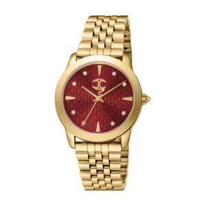 Just Cavalli Women's Gold Watch with Red Dial and Gold Metal Bracelet