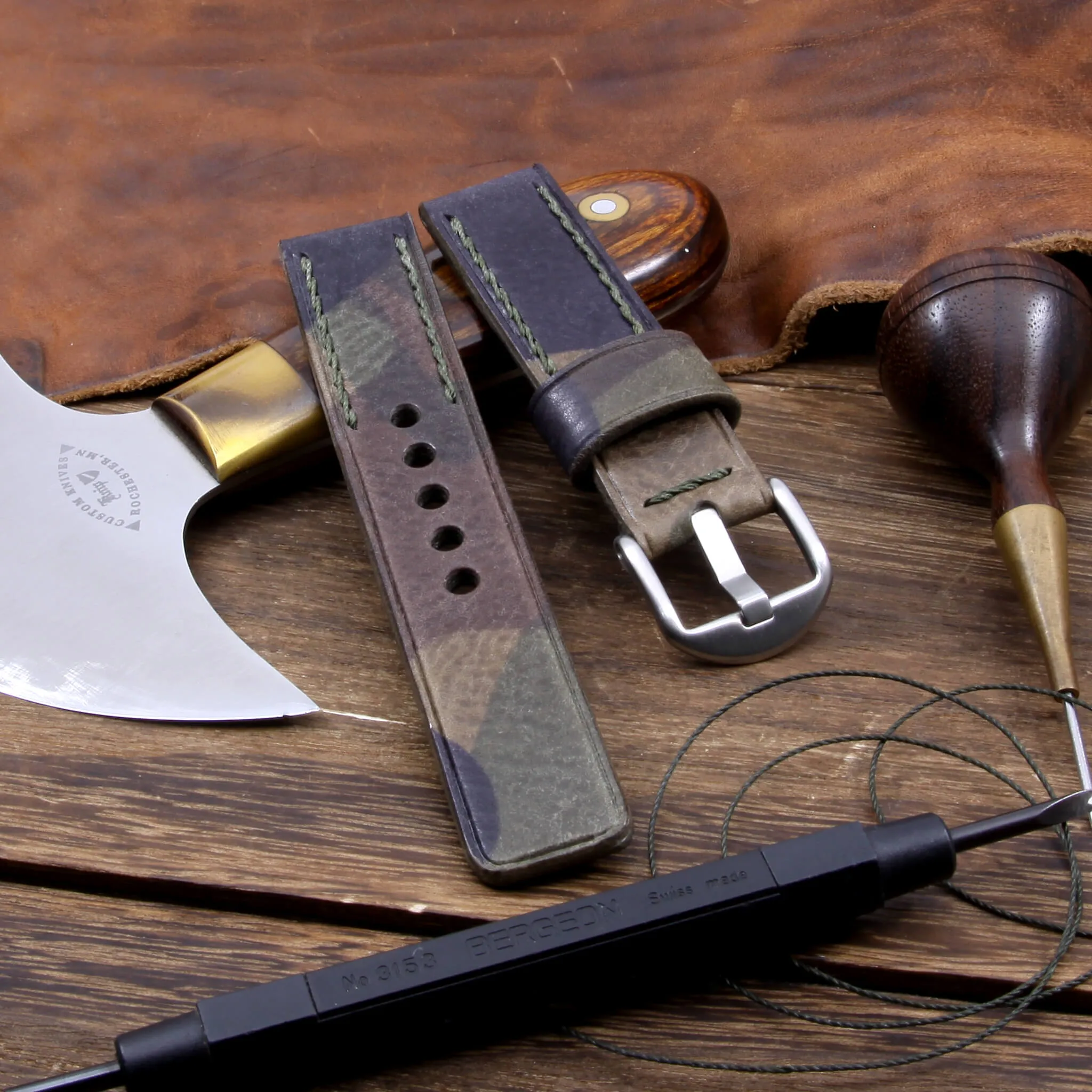 Leather Watch Strap, Camo Grigio | Chain Stitch