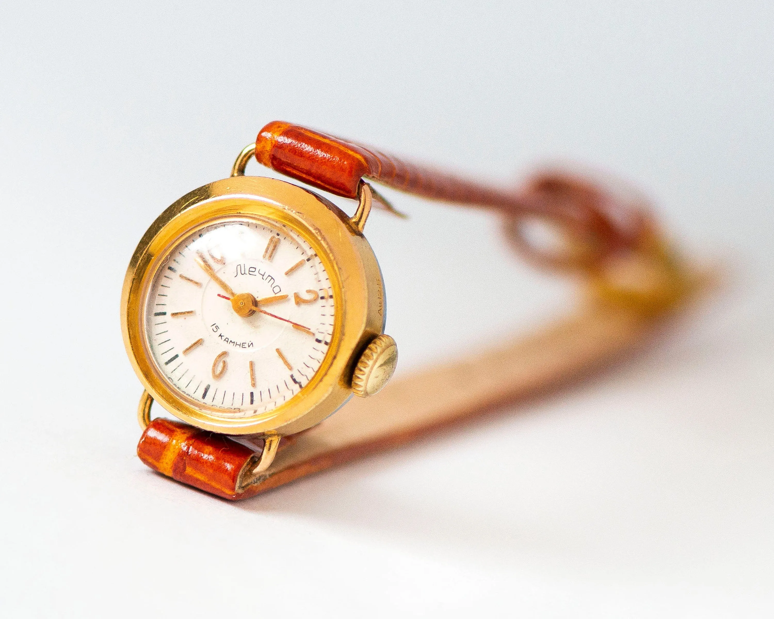 Limited edition women watch Dream gold plated, delicate round lady micro watch, retro female timepiece gift unique new genuine leather strap
