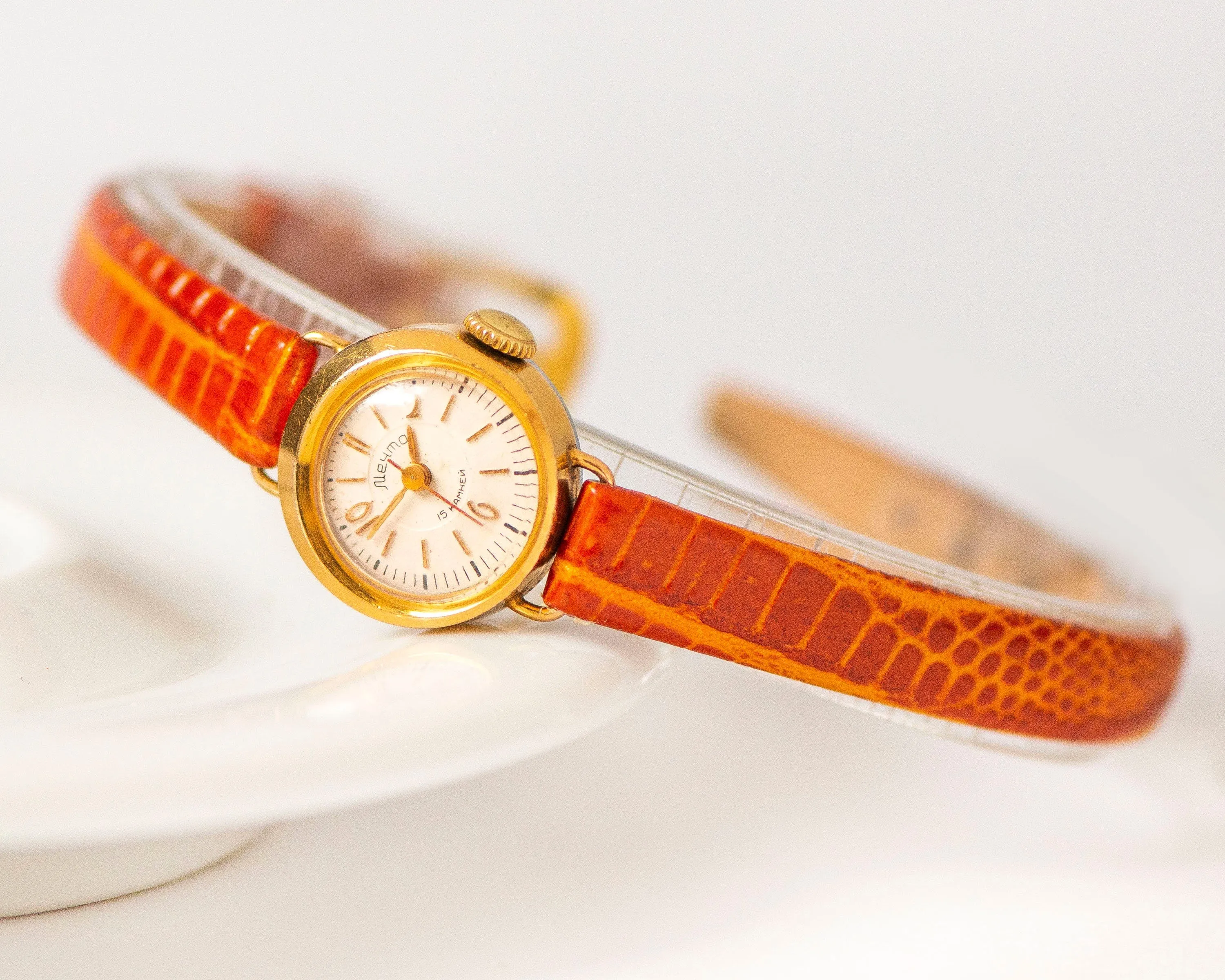 Limited edition women watch Dream gold plated, delicate round lady micro watch, retro female timepiece gift unique new genuine leather strap