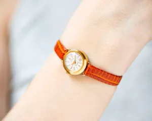 Limited edition women watch Dream gold plated, delicate round lady micro watch, retro female timepiece gift unique new genuine leather strap