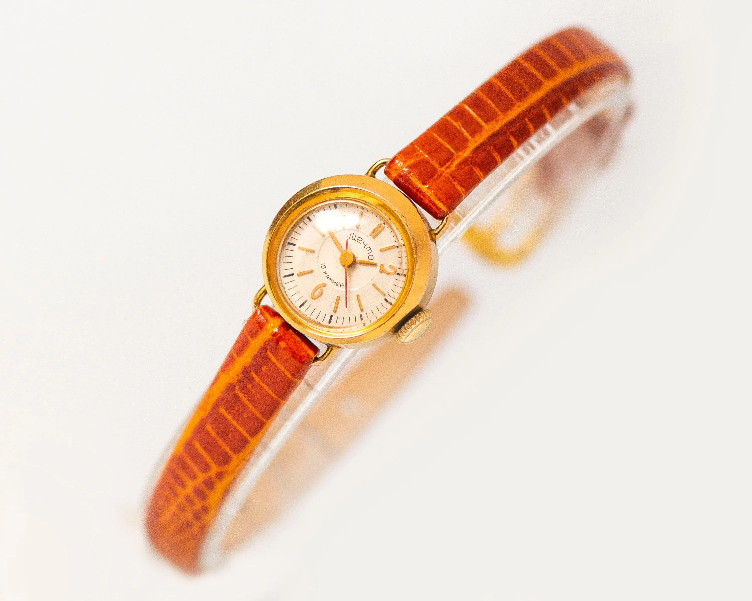 Limited edition women watch Dream gold plated, delicate round lady micro watch, retro female timepiece gift unique new genuine leather strap