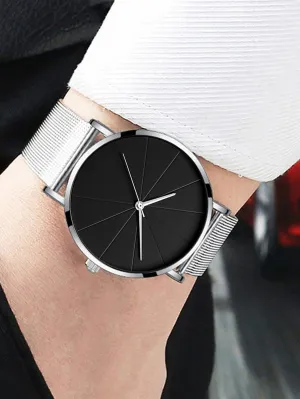 Men Round Pointer Quartz Watch - Silver