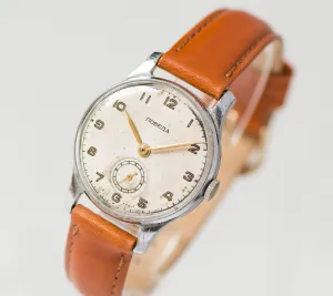 Mid century men watch, classical men fashion wristwatch, simple vintage watch Pobeda mechanical watch unisex gift, new premium leather strap