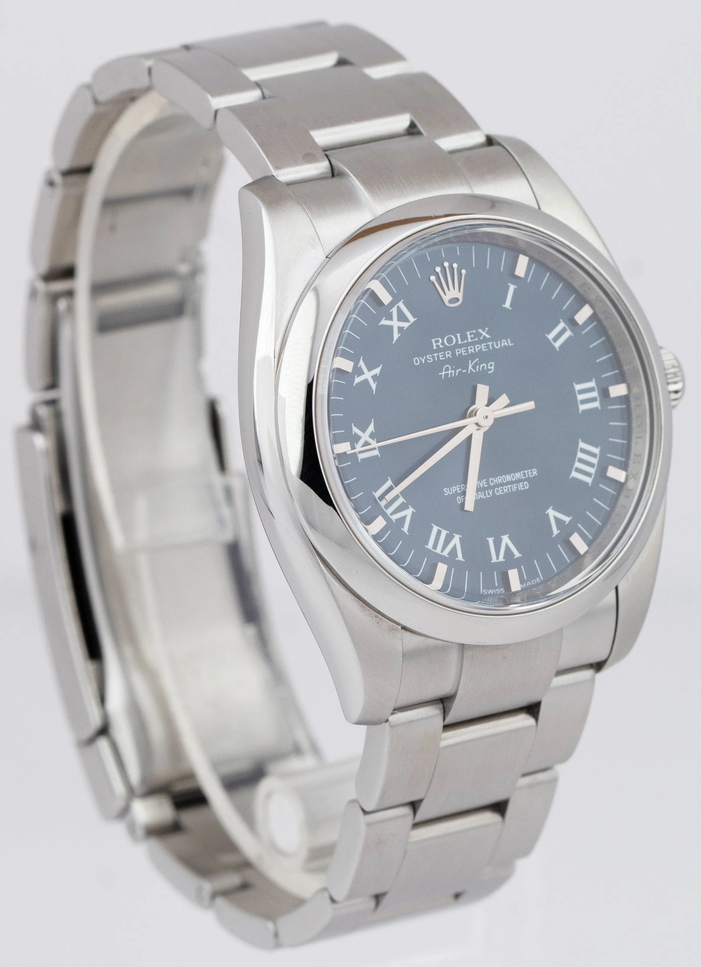 MINT Rolex Air-King Blue Roman Stainless Steel Smooth 34mm Oyster Watch 114200