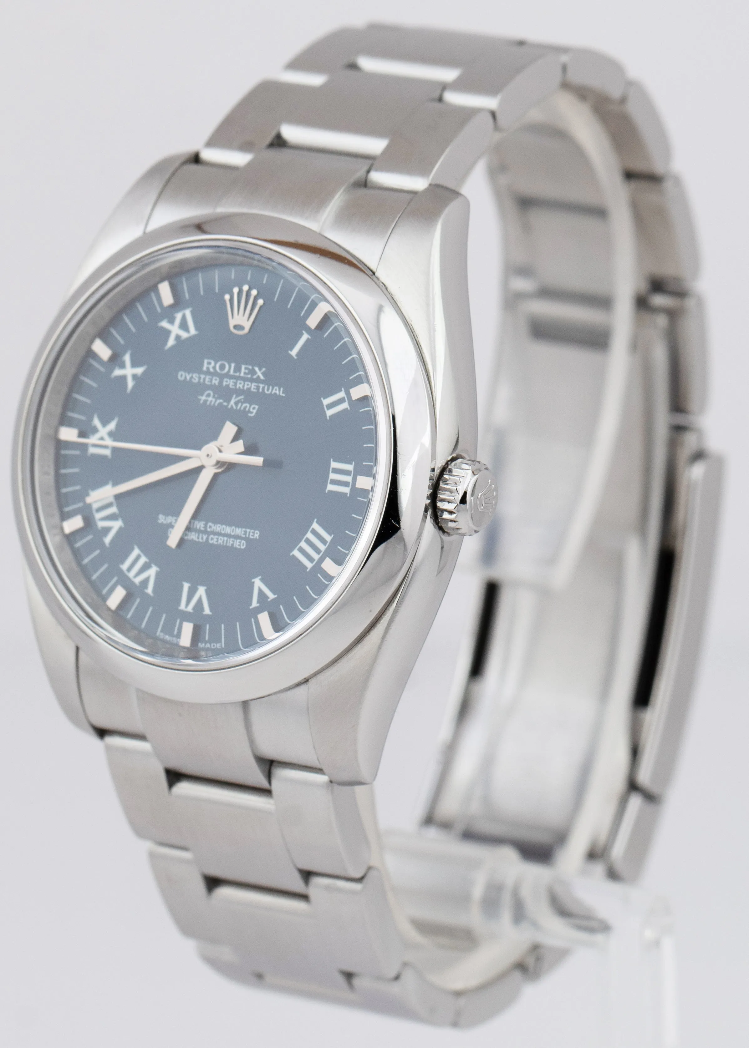 MINT Rolex Air-King Blue Roman Stainless Steel Smooth 34mm Oyster Watch 114200