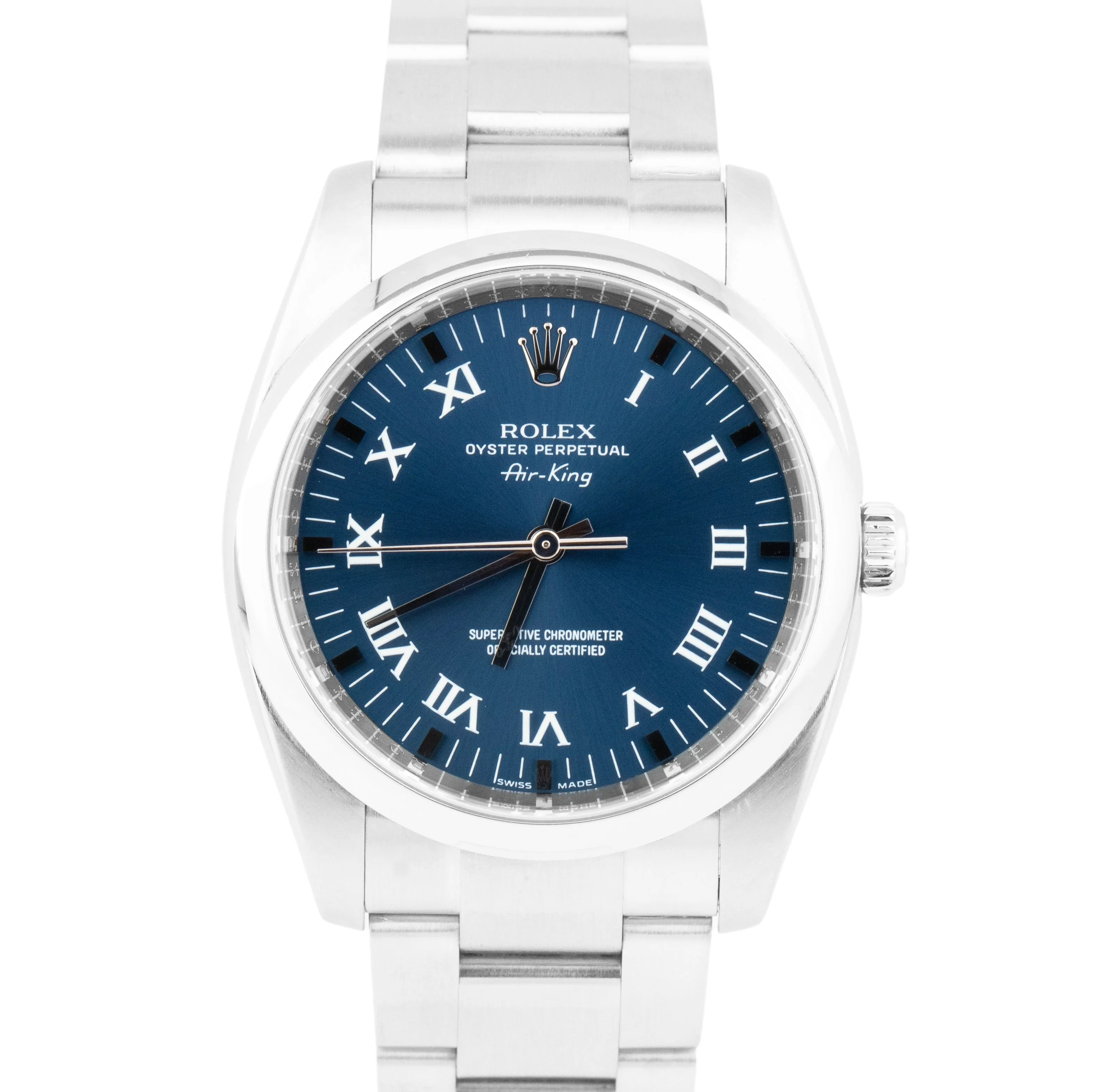 MINT Rolex Air-King Blue Roman Stainless Steel Smooth 34mm Oyster Watch 114200