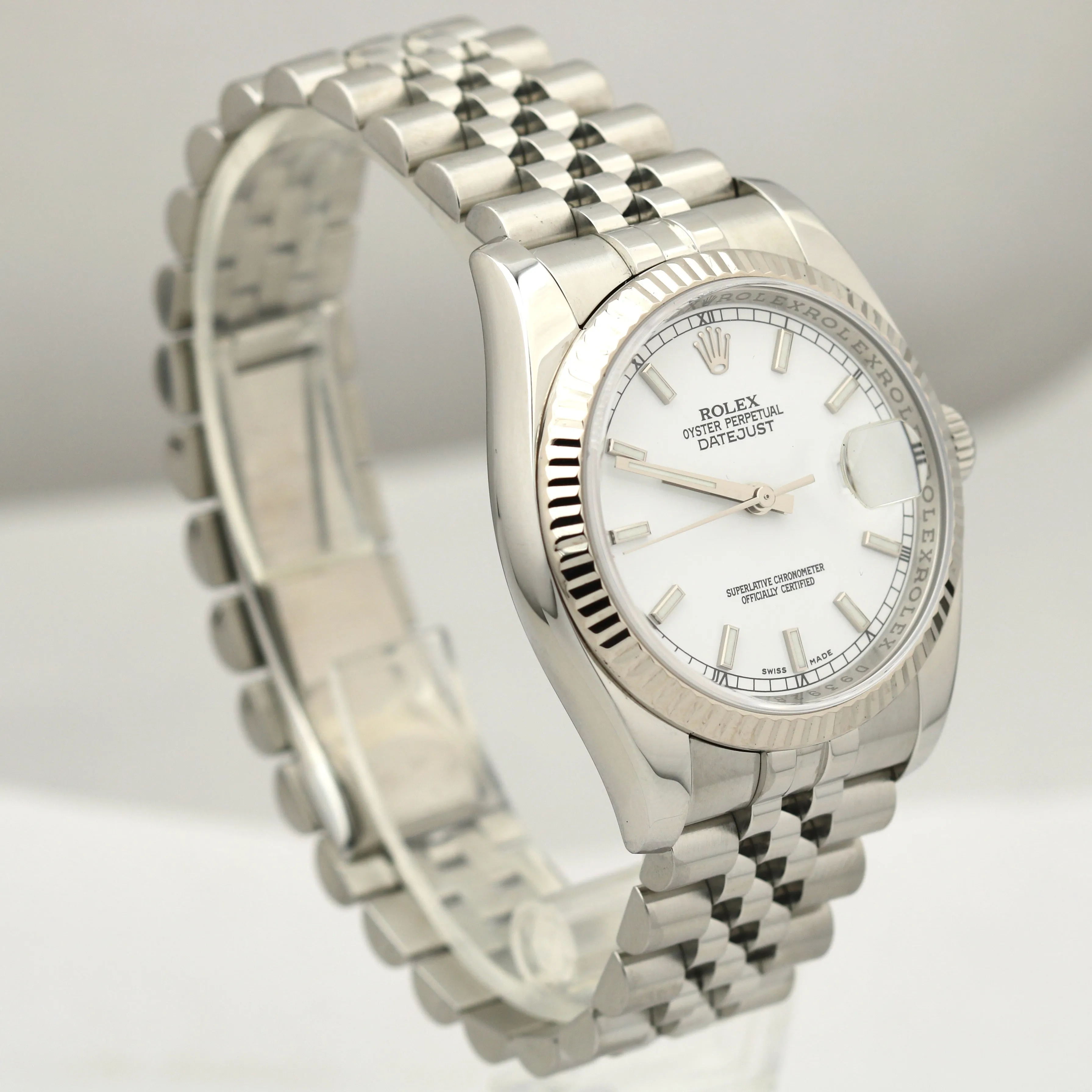 MINT Rolex DateJust JUBILEE White 36mm RED ROULETTE 18K Gold Steel Watch 116234