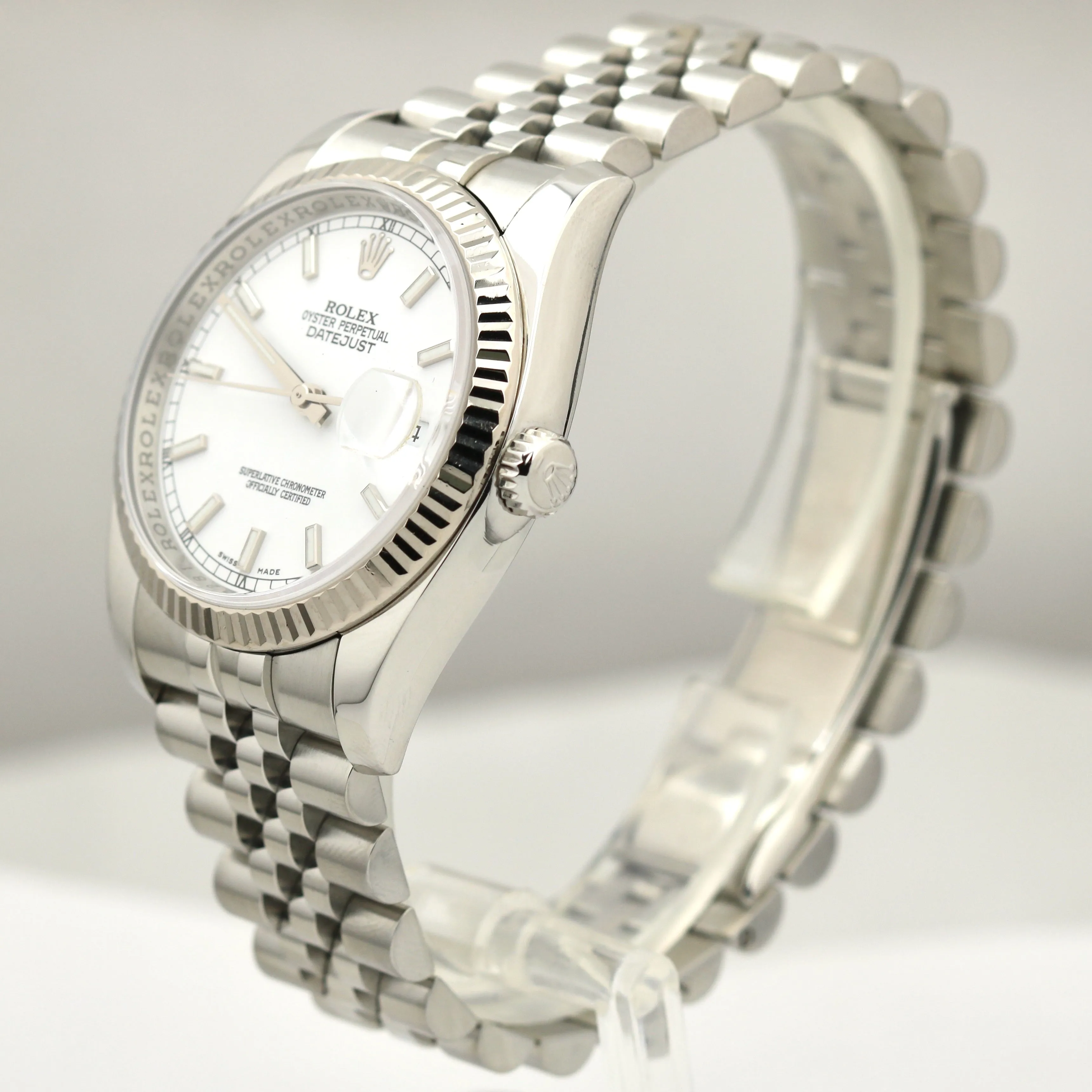 MINT Rolex DateJust JUBILEE White 36mm RED ROULETTE 18K Gold Steel Watch 116234