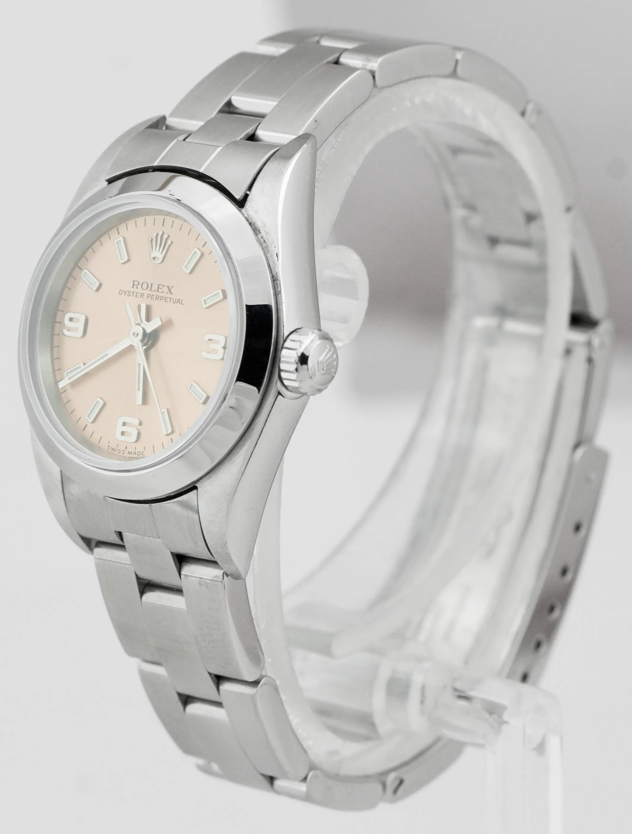MINT Rolex Oyster Perpetual 24mm Pink Arabic Oyster NO-HOLES CASE Watch 76080