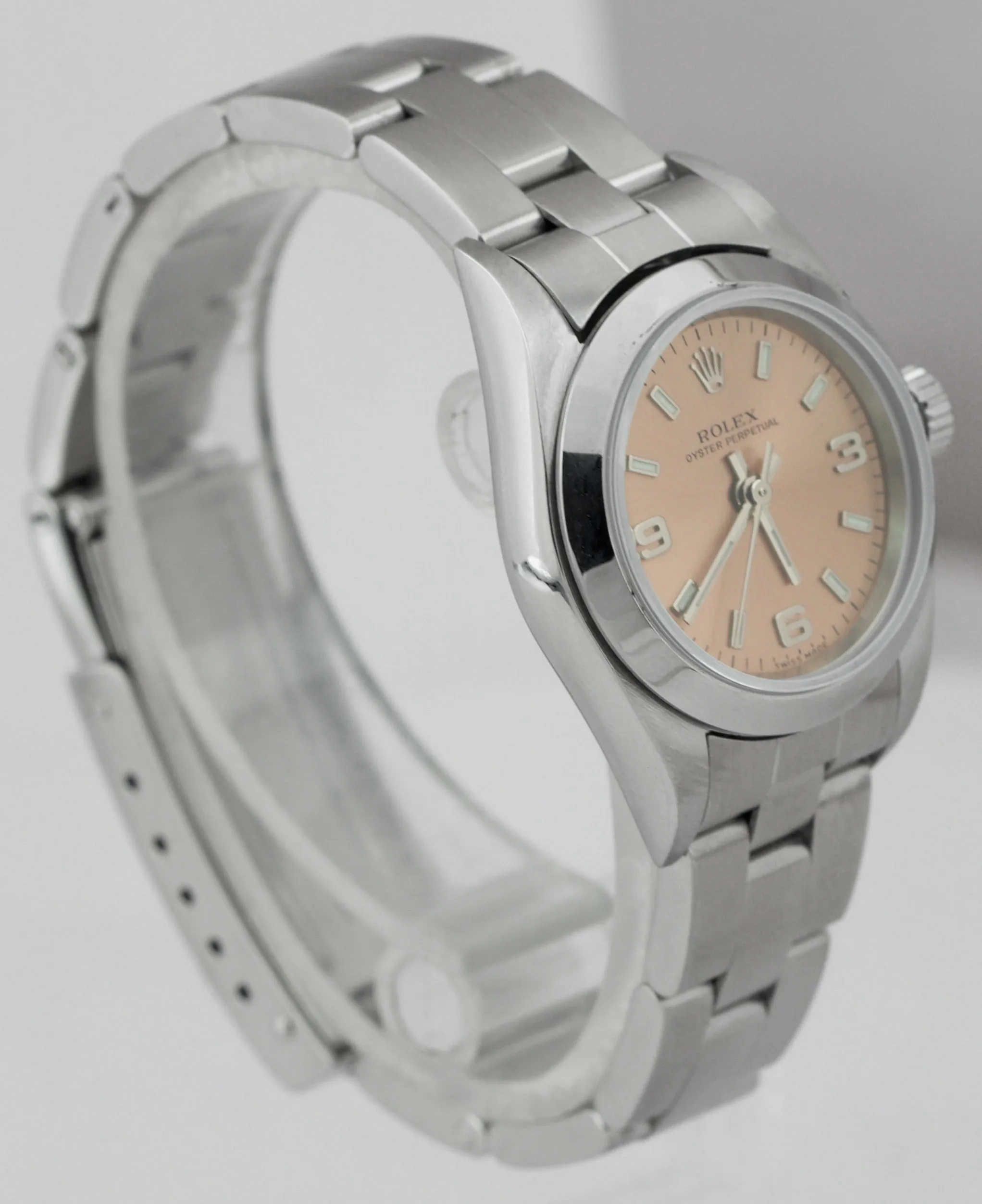 MINT Rolex Oyster Perpetual 24mm Pink Arabic Oyster NO-HOLES CASE Watch 76080