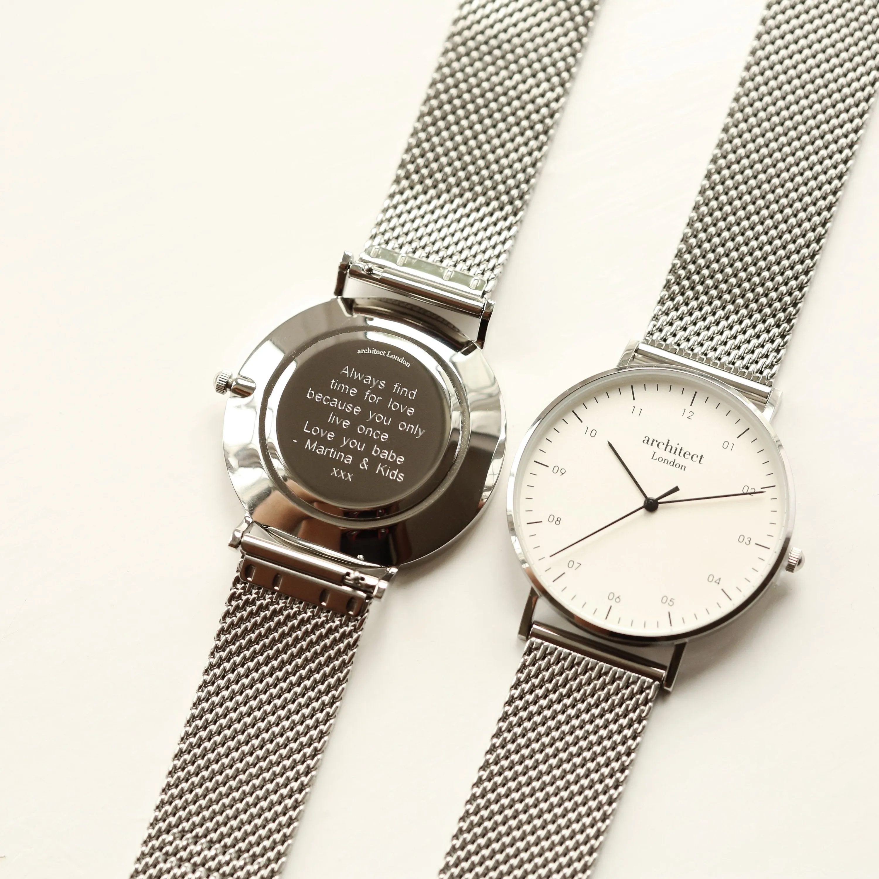 Modern Font Engraving - Men's Architect Zephyr   Steel Silver Mesh