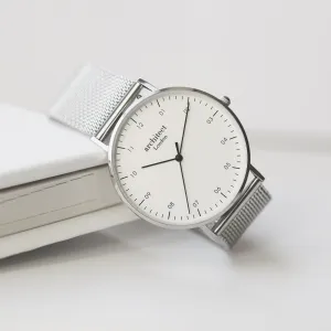 Modern Font Engraving - Men's Architect Zephyr   Steel Silver Mesh