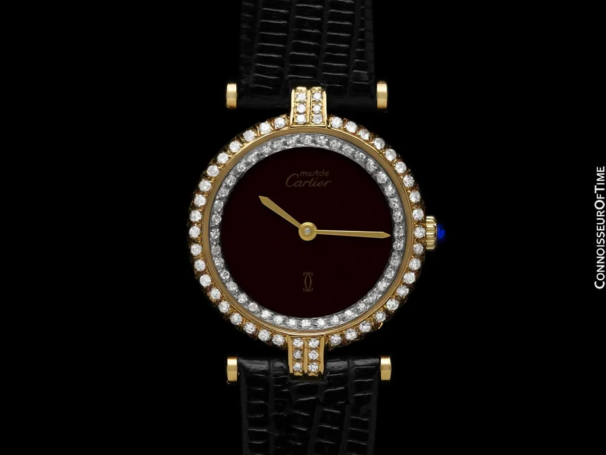 Must De Cartier Vendome Ladies Vermeil Watch with Chocolate / Wine Dial - 18K Gold Over Sterling Silver with Diamonds