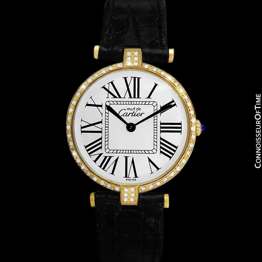 Must De Cartier Vendome Mens Midsize Unisex Vermeil Watch - 18K Gold Over Sterling Silver & Diamonds