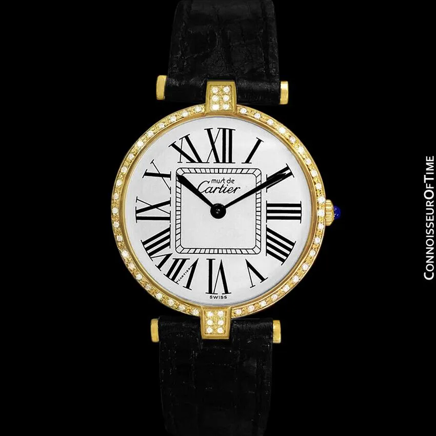 Must De Cartier Vendome Mens Midsize Unisex Vermeil Watch - 18K Gold Over Sterling Silver & Diamonds