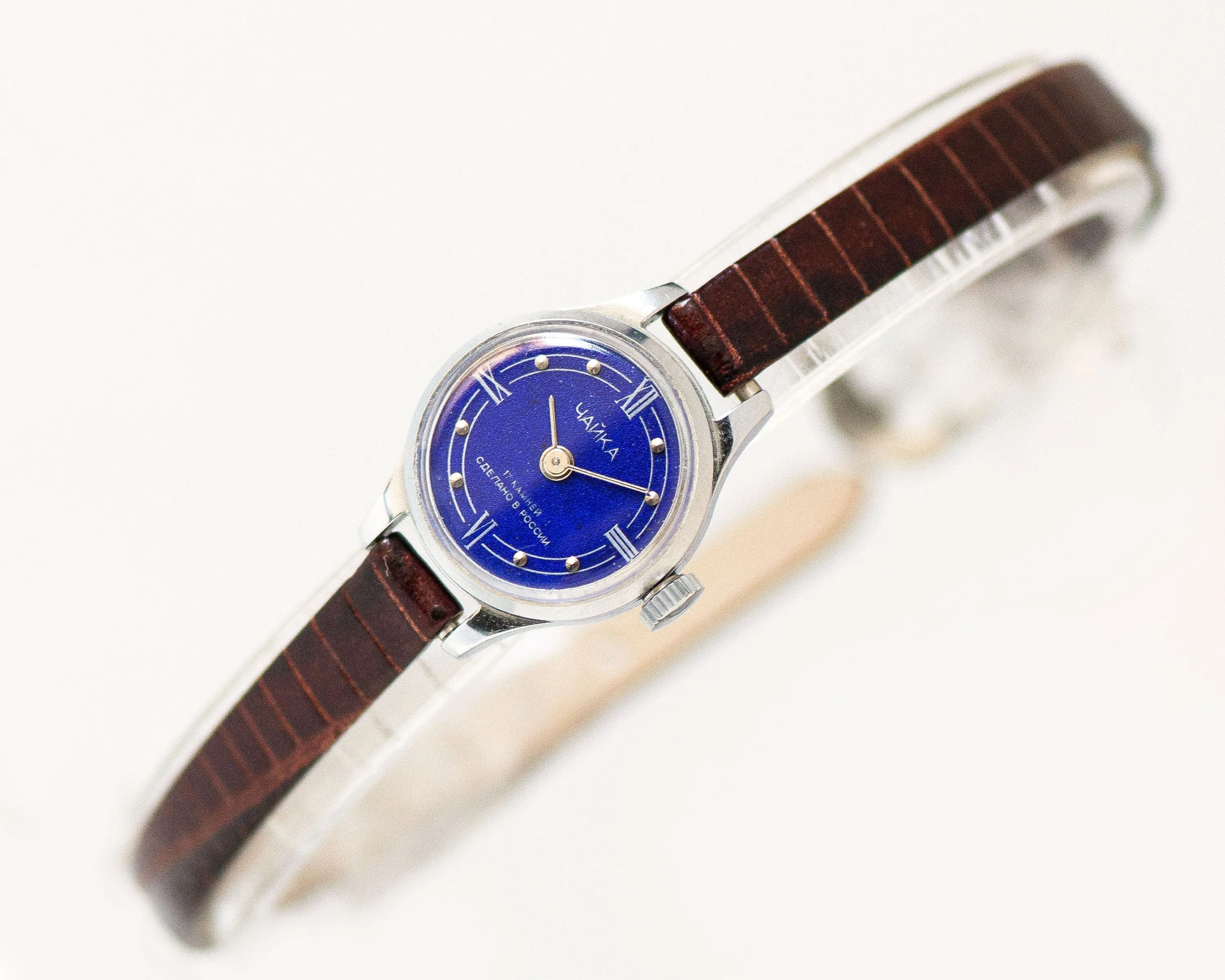 Navy blue women's watch unused Seagull, lady watch petite vintage new old stock, women's watch silver shade jewelry new genuine leather band
