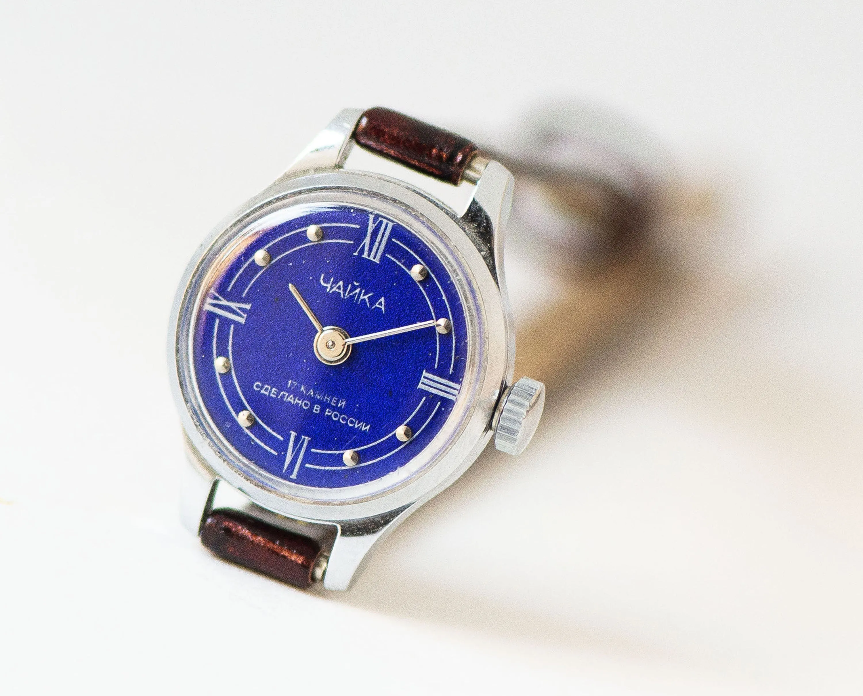 Navy blue women's watch unused Seagull, lady watch petite vintage new old stock, women's watch silver shade jewelry new genuine leather band