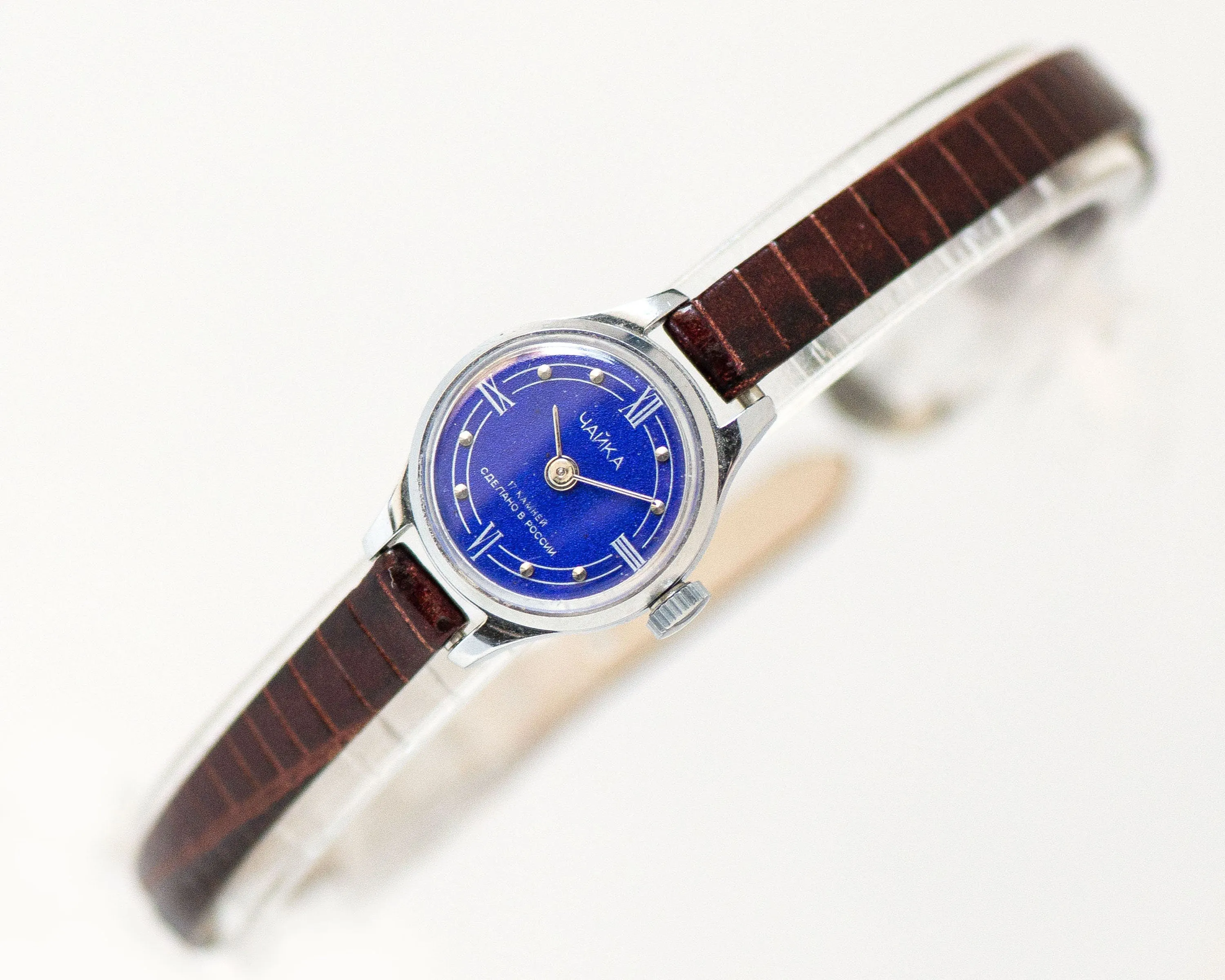 Navy blue women's watch unused Seagull, lady watch petite vintage new old stock, women's watch silver shade jewelry new genuine leather band