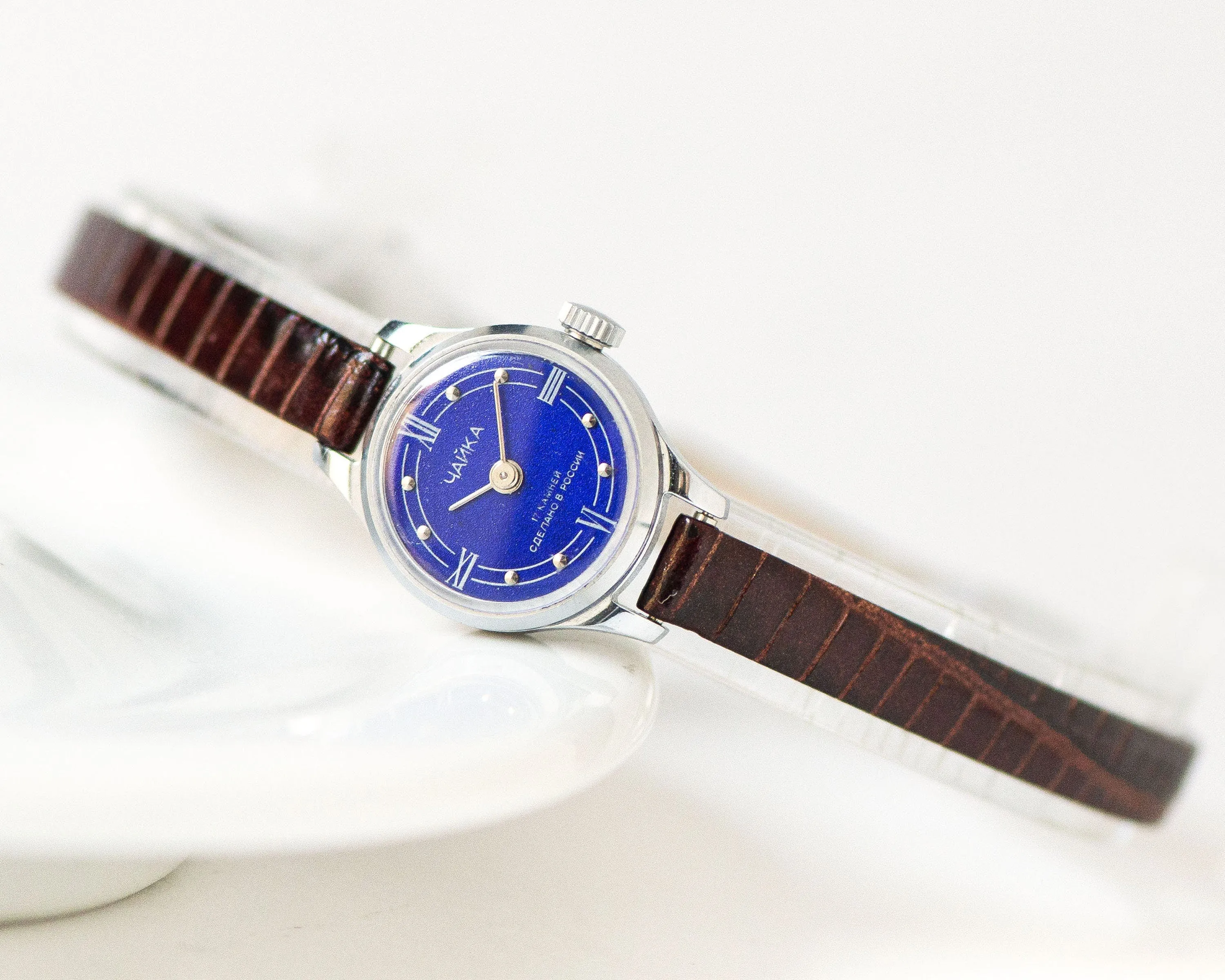Navy blue women's watch unused Seagull, lady watch petite vintage new old stock, women's watch silver shade jewelry new genuine leather band