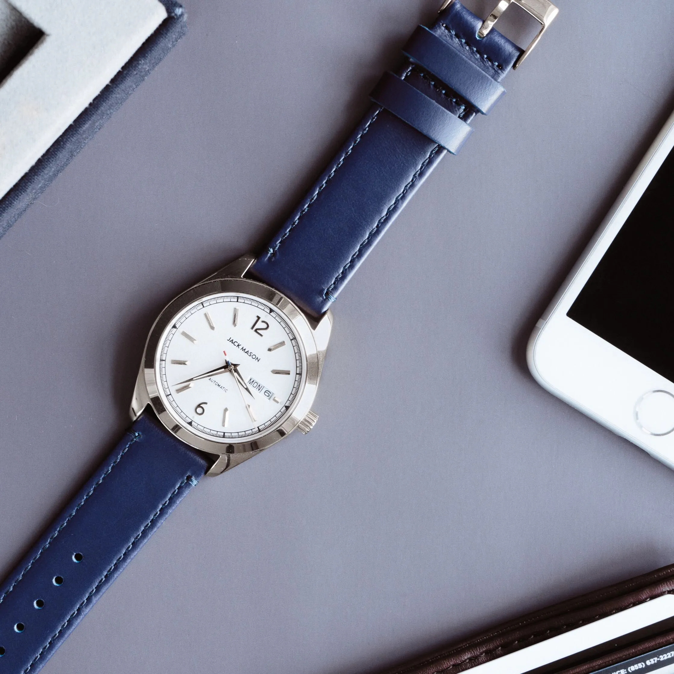 Omega Moonswatch Navy Blue Leather White Stitching Watch Band