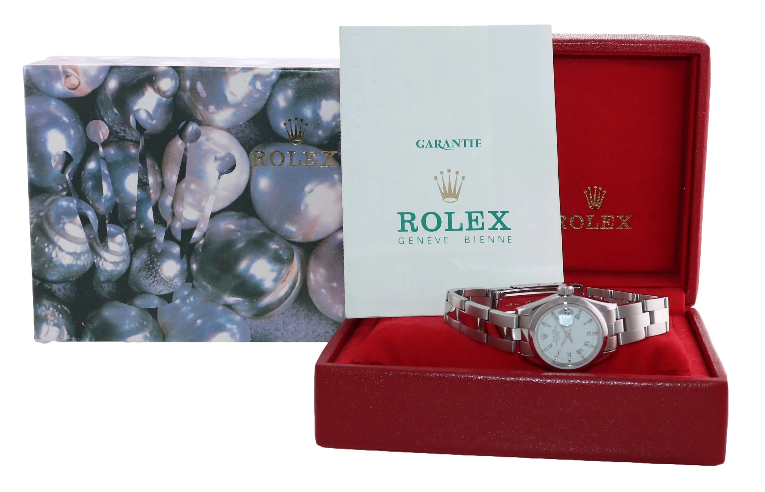 PAPERS Ladies Rolex Date 69160 Steel Oyster White Roman 26mm Steel Watch Box