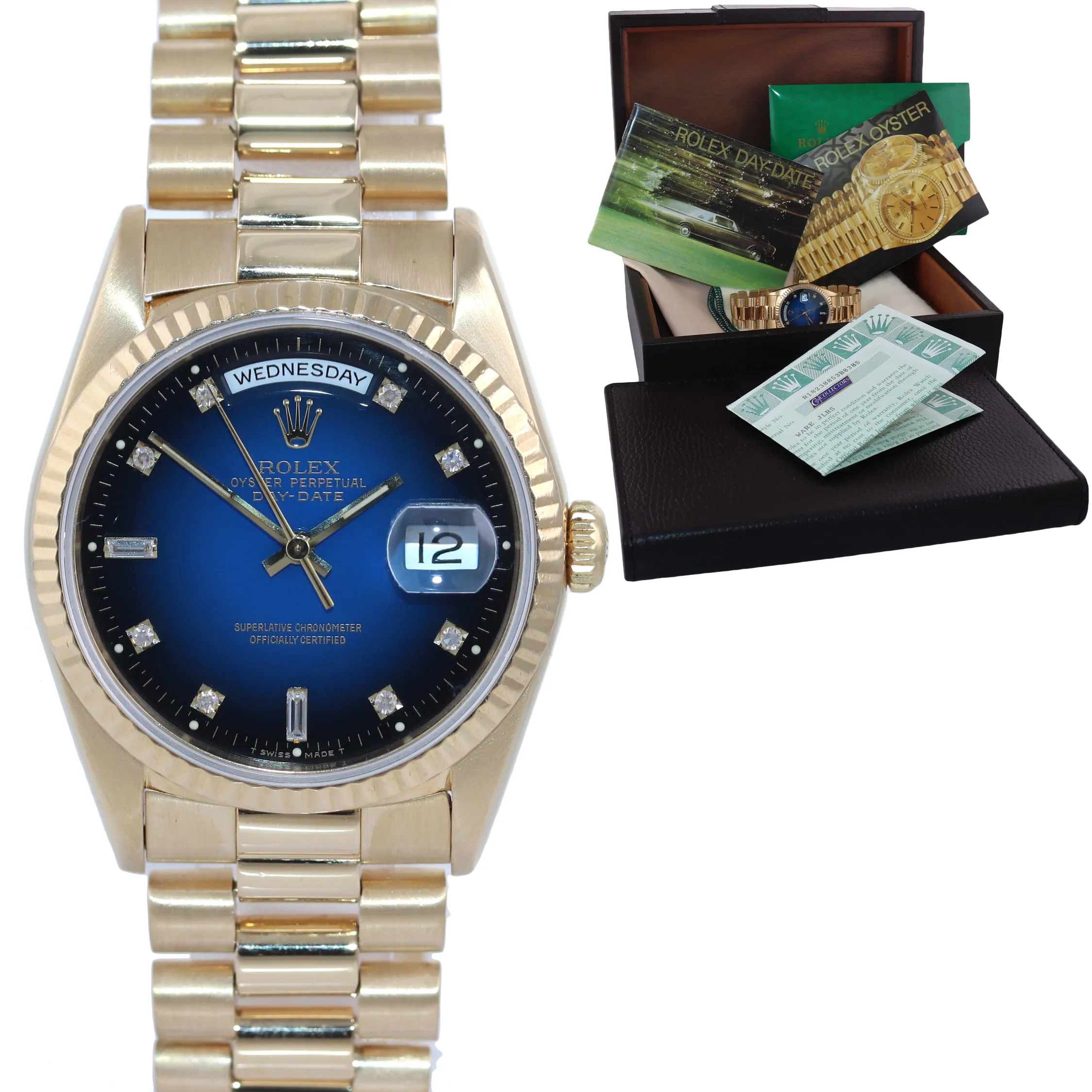 PAPERS Rolex President BLUE VIGNETTE Diamond Double Quick Gold Watch 18238 Box