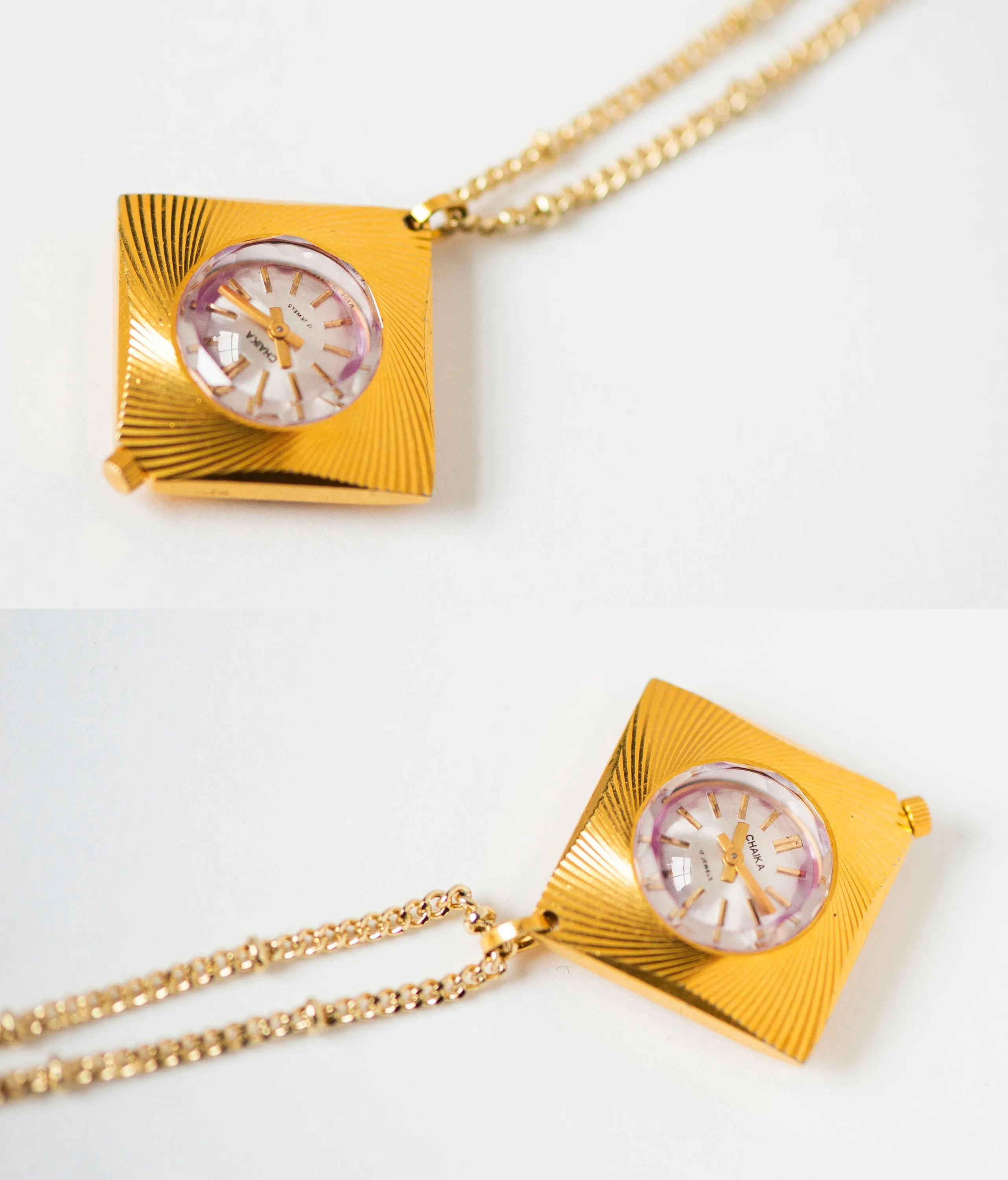 Pendant watch rhombus sunburst pattern, women's watch necklace Seagull gold plated, vintage boho accessory limited edition lady gift jewelry