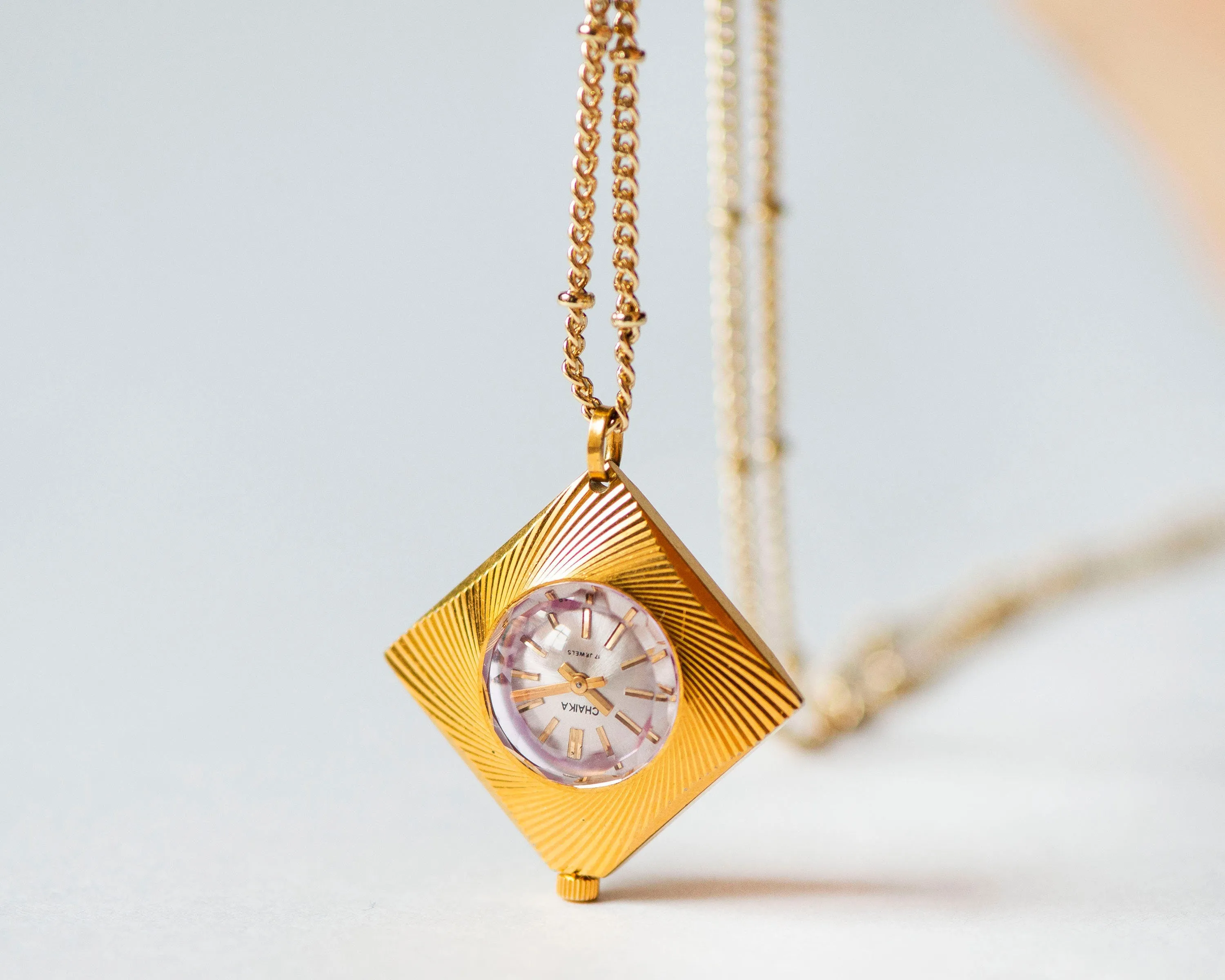 Pendant watch rhombus sunburst pattern, women's watch necklace Seagull gold plated, vintage boho accessory limited edition lady gift jewelry