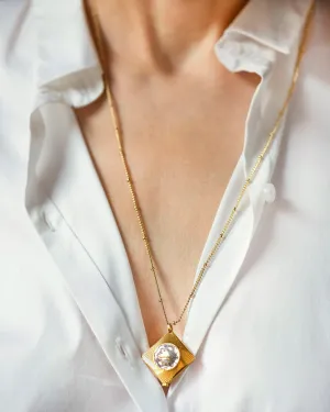 Pendant watch rhombus sunburst pattern, women's watch necklace Seagull gold plated, vintage boho accessory limited edition lady gift jewelry