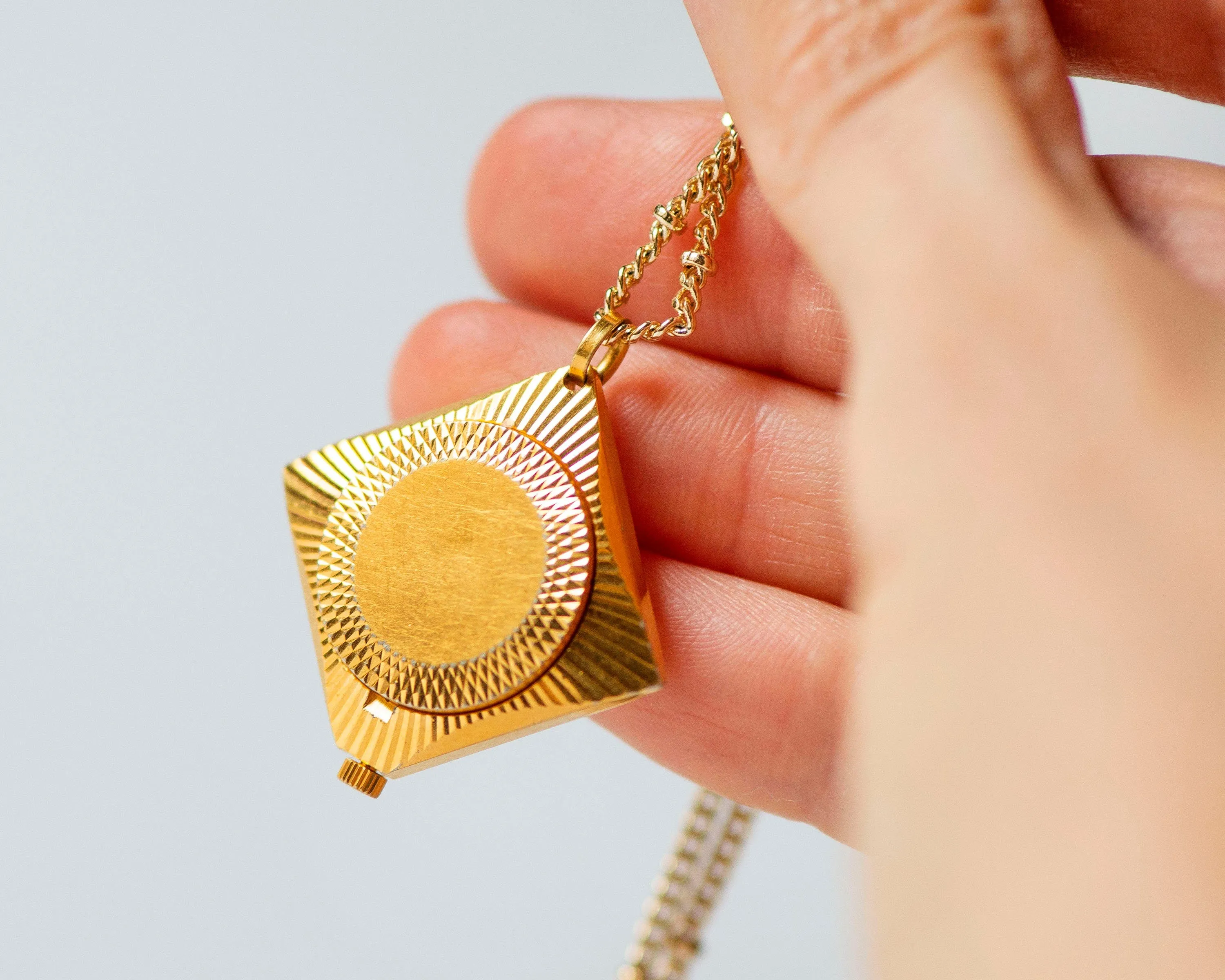 Pendant watch rhombus sunburst pattern, women's watch necklace Seagull gold plated, vintage boho accessory limited edition lady gift jewelry