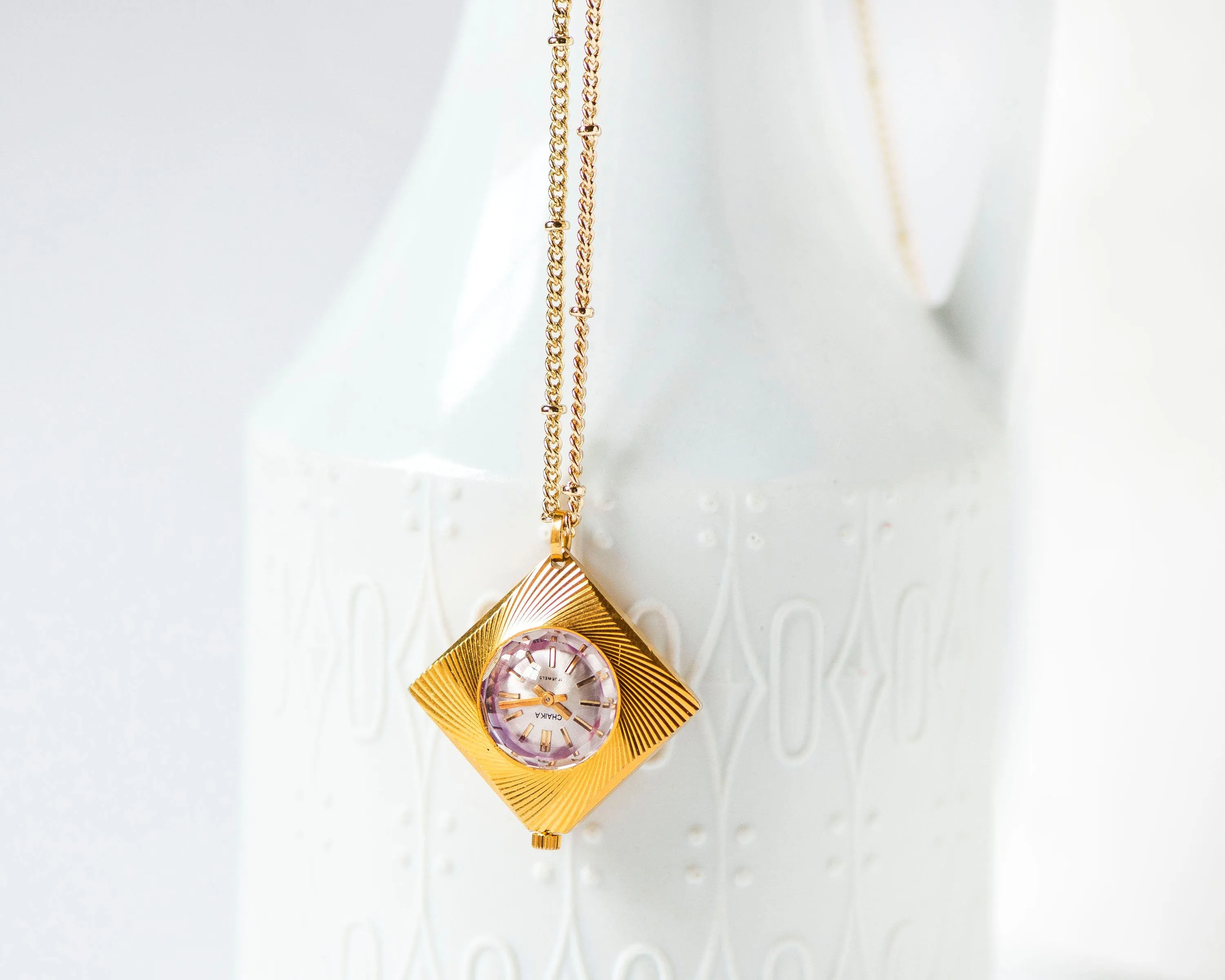 Pendant watch rhombus sunburst pattern, women's watch necklace Seagull gold plated, vintage boho accessory limited edition lady gift jewelry