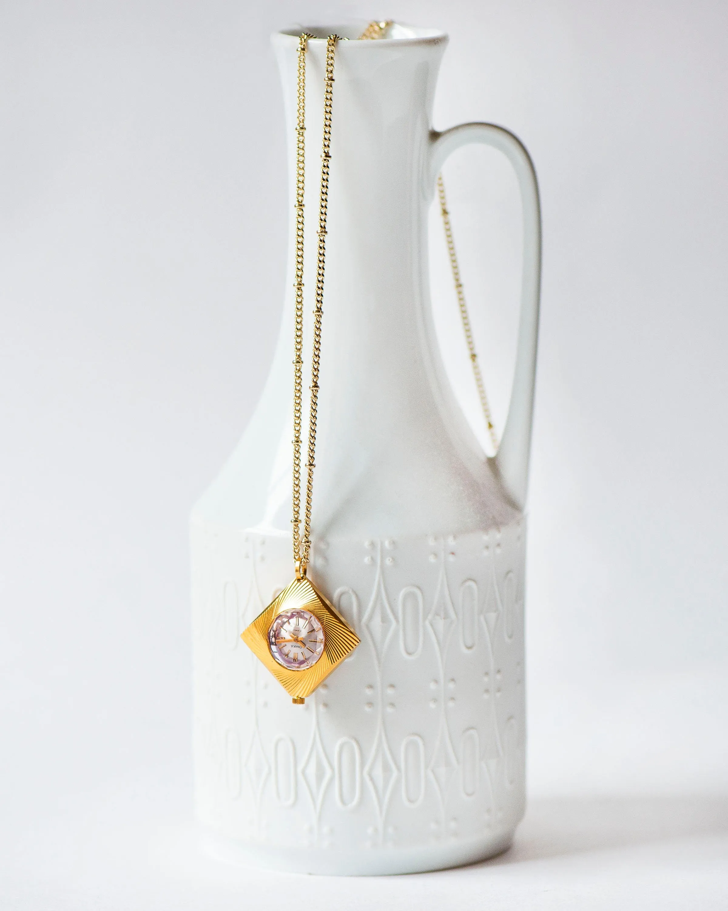 Pendant watch rhombus sunburst pattern, women's watch necklace Seagull gold plated, vintage boho accessory limited edition lady gift jewelry