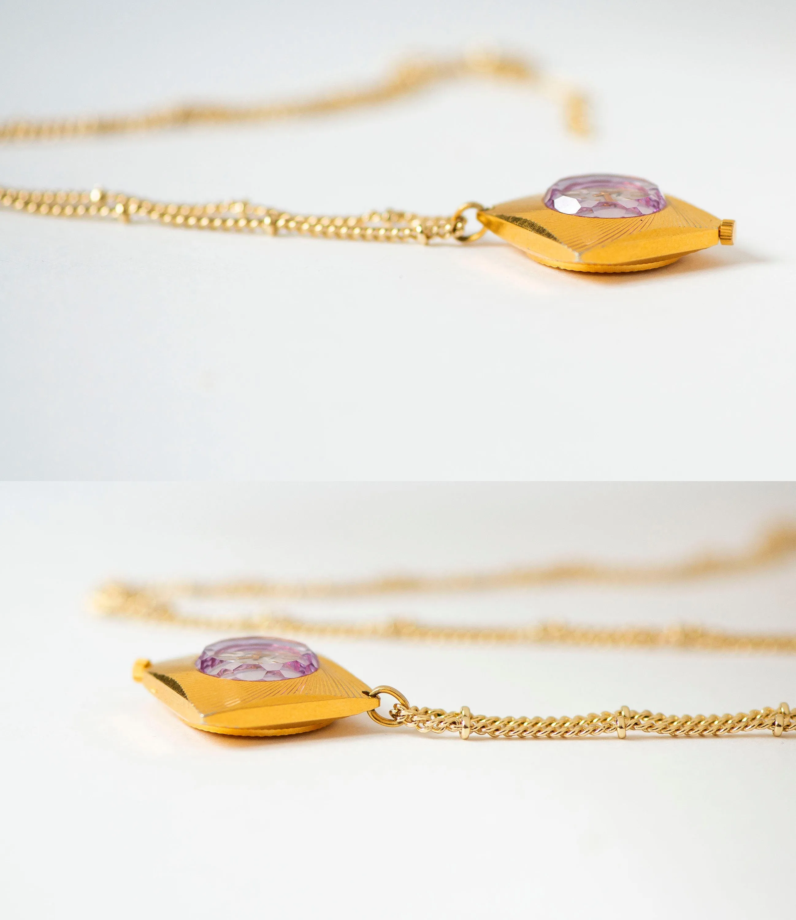 Pendant watch rhombus sunburst pattern, women's watch necklace Seagull gold plated, vintage boho accessory limited edition lady gift jewelry