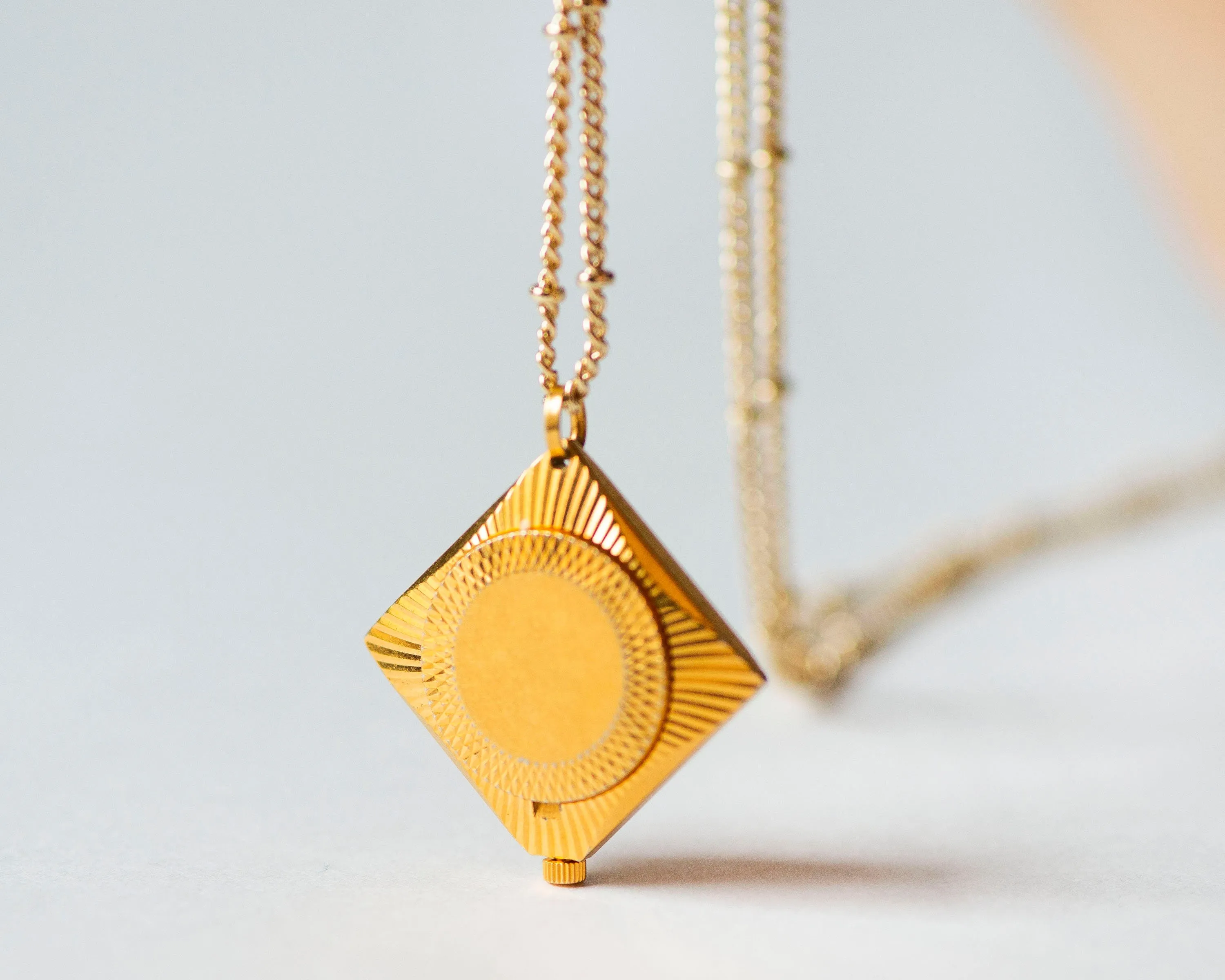 Pendant watch rhombus sunburst pattern, women's watch necklace Seagull gold plated, vintage boho accessory limited edition lady gift jewelry
