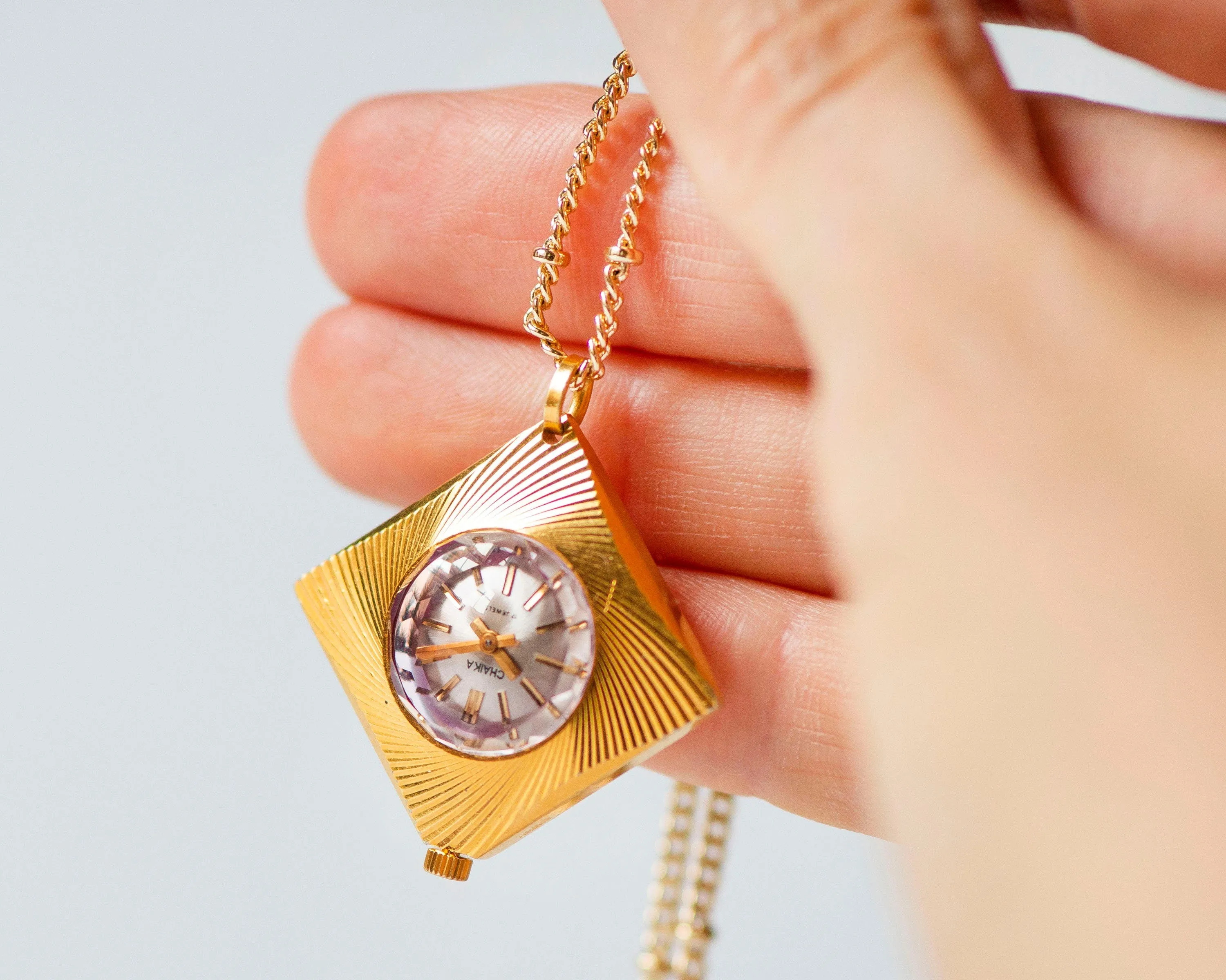 Pendant watch rhombus sunburst pattern, women's watch necklace Seagull gold plated, vintage boho accessory limited edition lady gift jewelry
